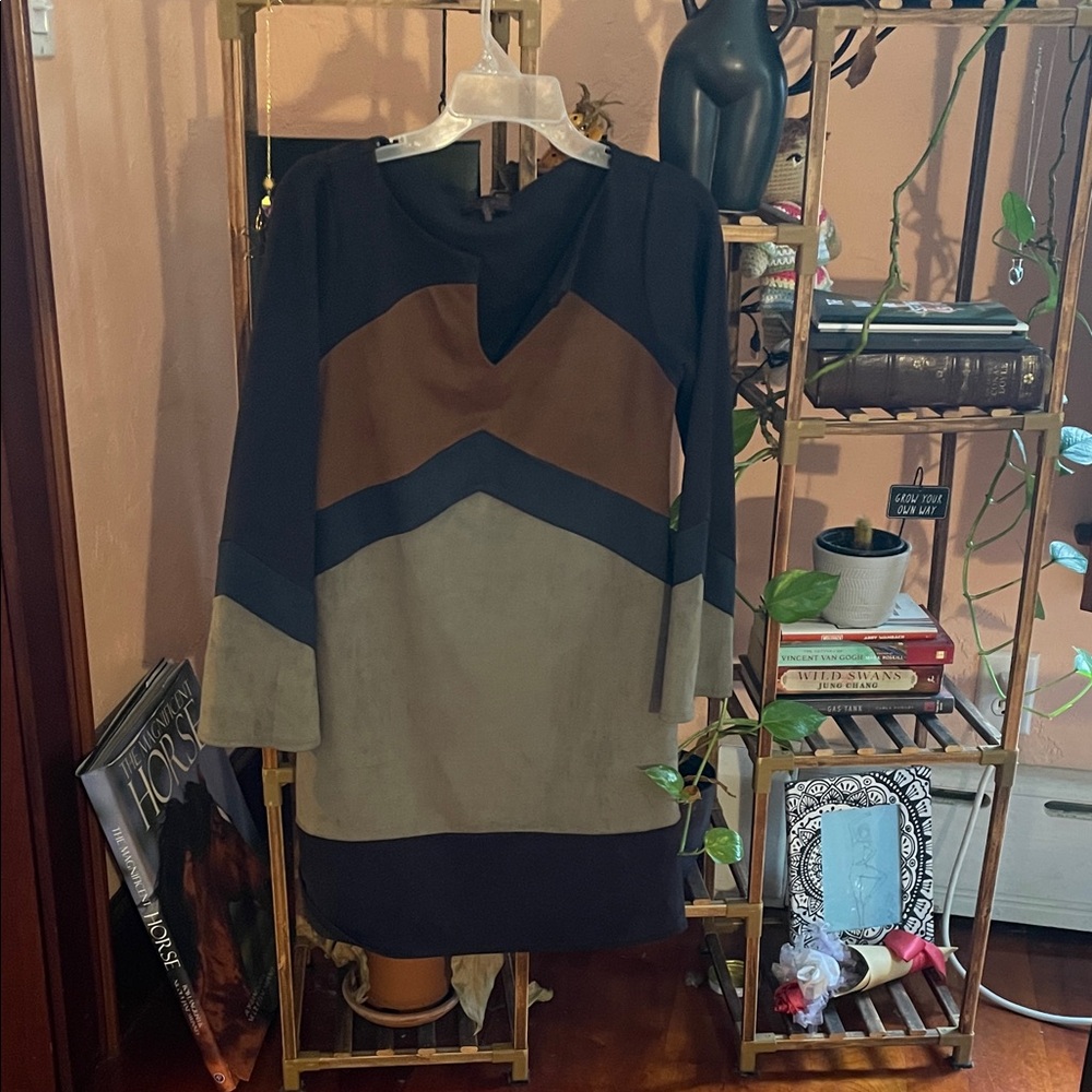 Hale Bob V-Neck Colorblock Sweater Dress - Black, Brown, Tan